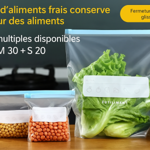 Lot de 60 sacs de conservation alimentaires zippés – 3 tailles, étanches et réutilisables