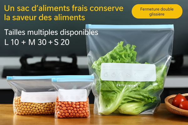 Lot de 60 sacs de conservation alimentaires zippés – 3 tailles, étanches et réutilisables