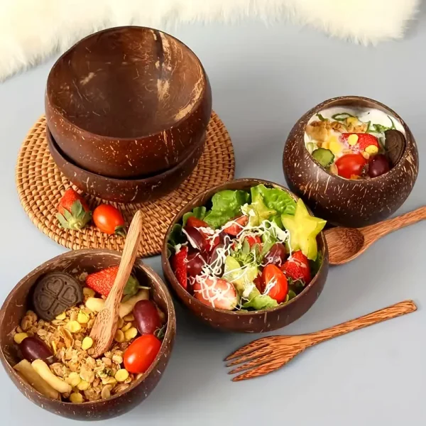 Ensemble de 4 bols en coquille de noix avec cuillères en bois – Image 2