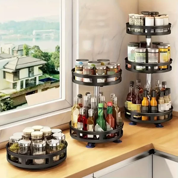 Organisateur de cuisine rotatif 360° – Étagère à épices et plateau de rangement en métal noir – Image 2