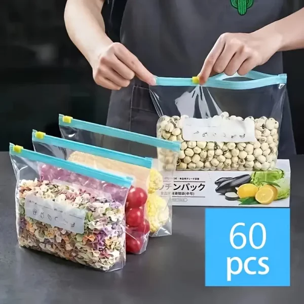 Lot de 60 sacs de conservation alimentaires zippés – 3 tailles, étanches et réutilisables – Image 3