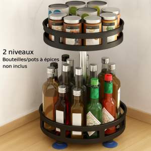 Organisateur de cuisine rotatif 360° – Étagère à épices et plateau de rangement en métal noir